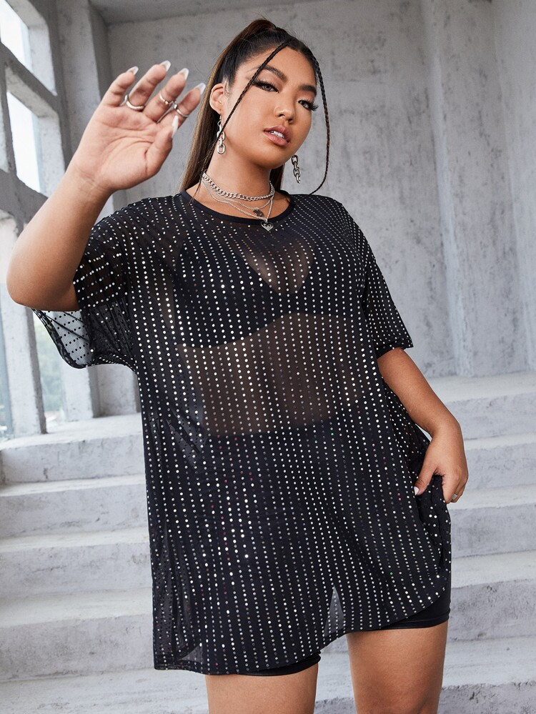 SHEIN Plus Sequins Sheer Top | SHEIN