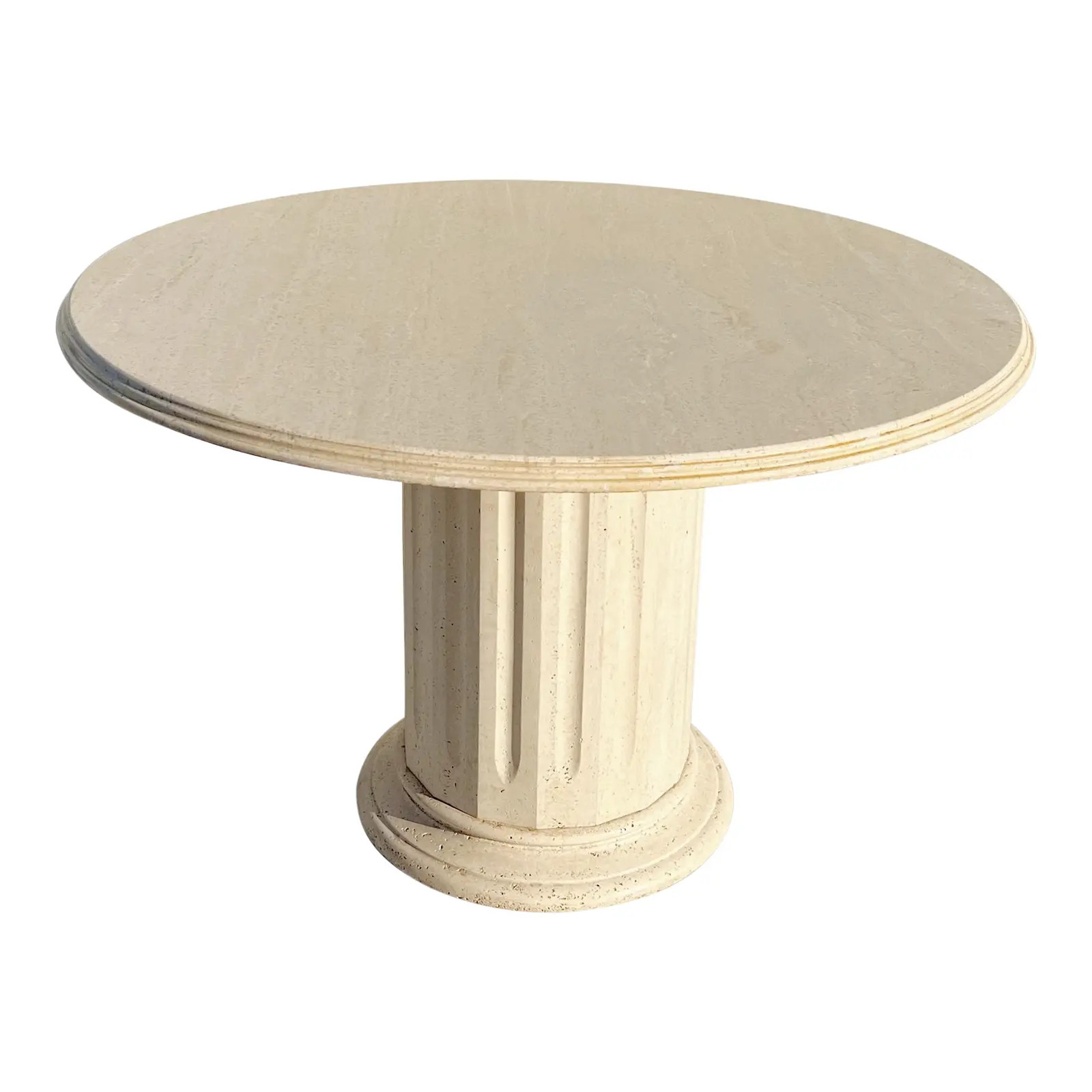 Vintage Italian Travertine Round Dining Table With Doric Column Base | Chairish