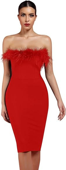 Whoinshop Women's Sexy Off Shoulder Feather Bandage Evening Club Party Dress | Amazon (US)
