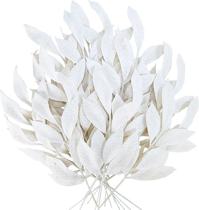 Winlyn 20 Pcs Christmas Artificial Leaf Sprays White Glittered Bay Leaf Picks 12" Tall Christmas ... | Amazon (US)