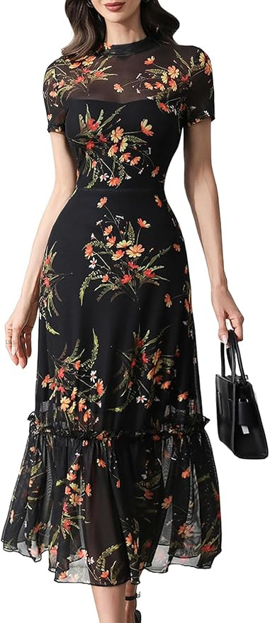 GothDark Women's Summer Floral Mesh Ruffle Dress Short Sleeve Round Neck Waist Cinched Casual Max... | Amazon (US)