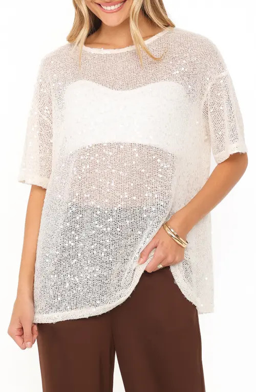 Petal & Pup Nadine Sequin Open Knit Tee in Cream at Nordstrom, Size X-Small | Nordstrom