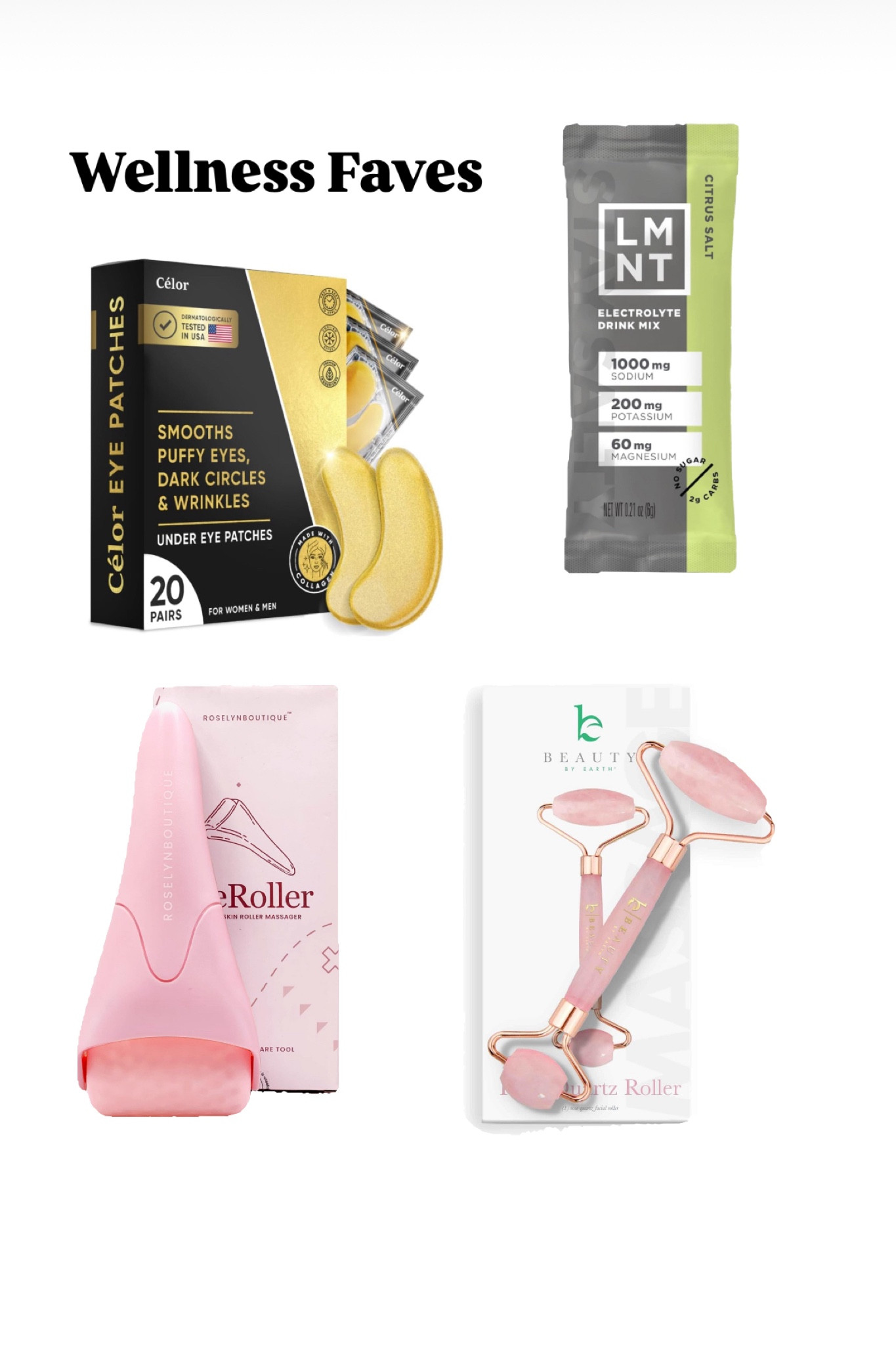 Some of my wellness faves. 
1. Under eye patches. I like to store these in the fridge and pop on in the morning to help freshen up. 
2. Electrolytes. Great tasting and no sugar I can add to my water for extra hydration. 
3. Large face roller. I store this in the freezer and use to it for my face when I’m feeling really puffy or have a breakout. It’s good to keep the breakout cold and helps relieve pain. 
4. I leave this roller by my face cleanser and usually use it in the morning and at night after cleansing. It’s kinda my go to throughout the day and week. I also travel with it  

#LTKFindsUnder50 #LTKBeauty #LTKTravel