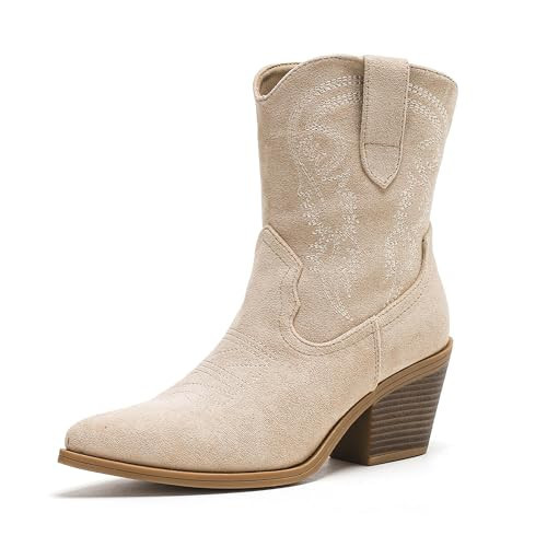 Putu Cowboy Ankle Boots for Women, Western Booties with Pointed Toe & Embroidery, Stylish Short Booties for Casual & Party Beige 7.5 | Amazon (US)