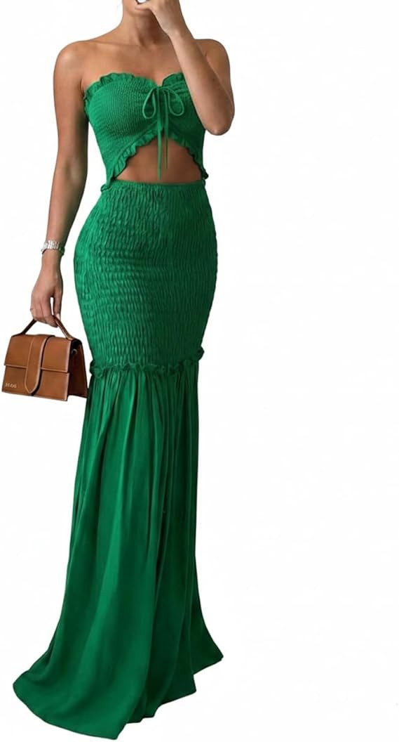 CHICME Floral Printed Prom Dress Tie Ruched Shirred Bandeau Party Dress Slim Fit Ruffle Hem Vacat... | Amazon (US)