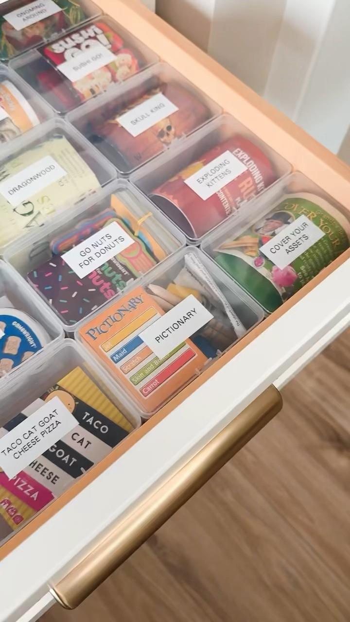 One of my favorite home organization hacks! These clear bins keep all of our card games and small family games sorted, labeled, and easy to grab for game night. No more digging through messy drawers—just simple, functional organization that actually stays organized. Linking everything I used!

#LTKSeasonal #LTKHome