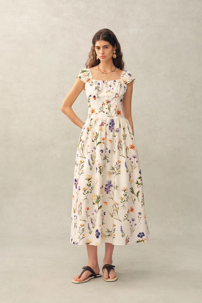 Eliana Handpainted Freesia Ruffle Trim Wide Strap Sleeveless Dress in | Fabrique