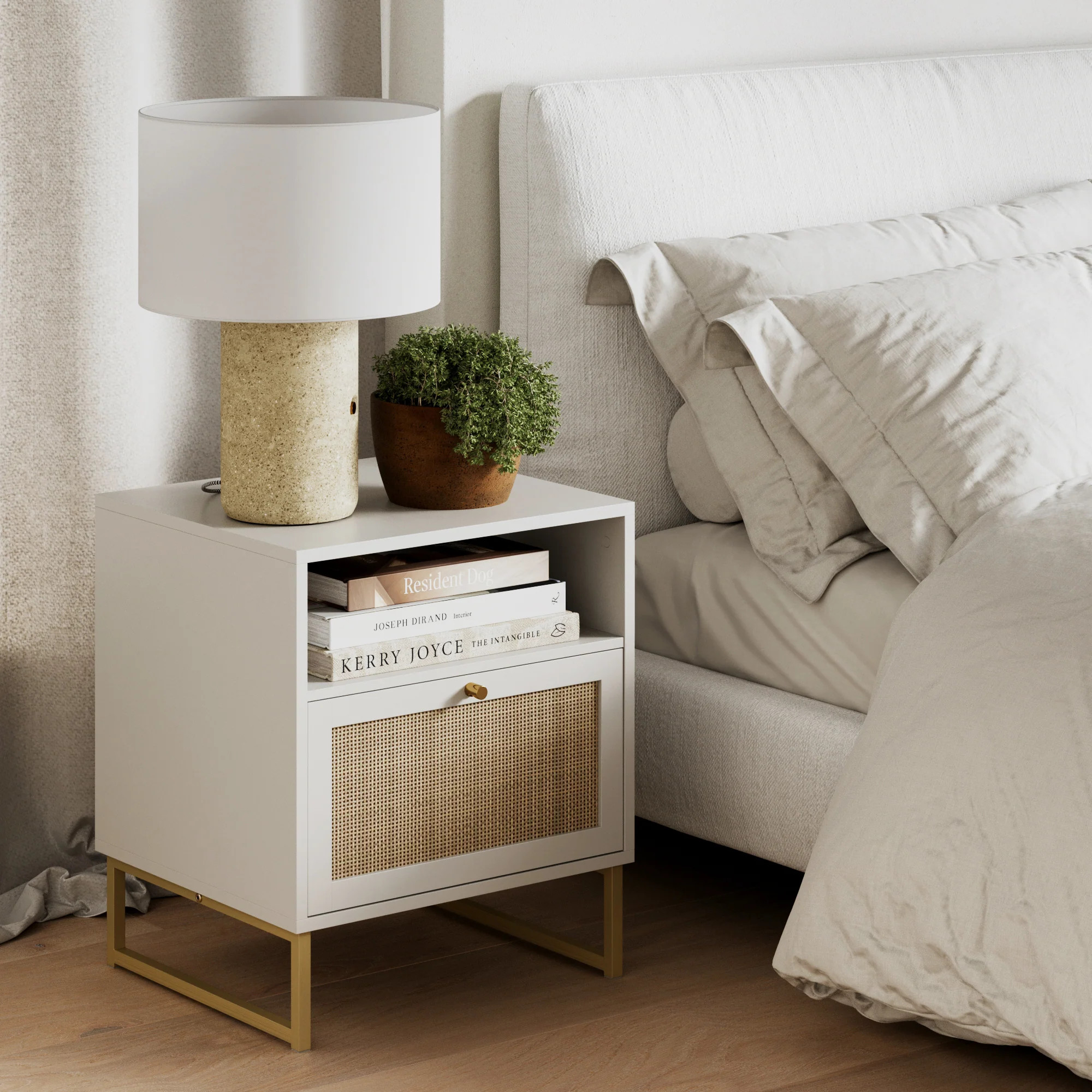 Rattan & Wood Storage Nightstand White | Nathan James
