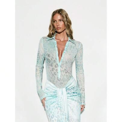 Sheer Mesh Button Up Collared Leopard Print Long Sleeve Bodysuit | SHEIN