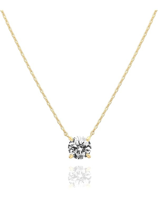 PAVOI 14K Gold Plated Crystal Solitaire 1.5 Carat (7.3mm) Cubic Zirconia Dainty Choker Necklace |... | Amazon (US)