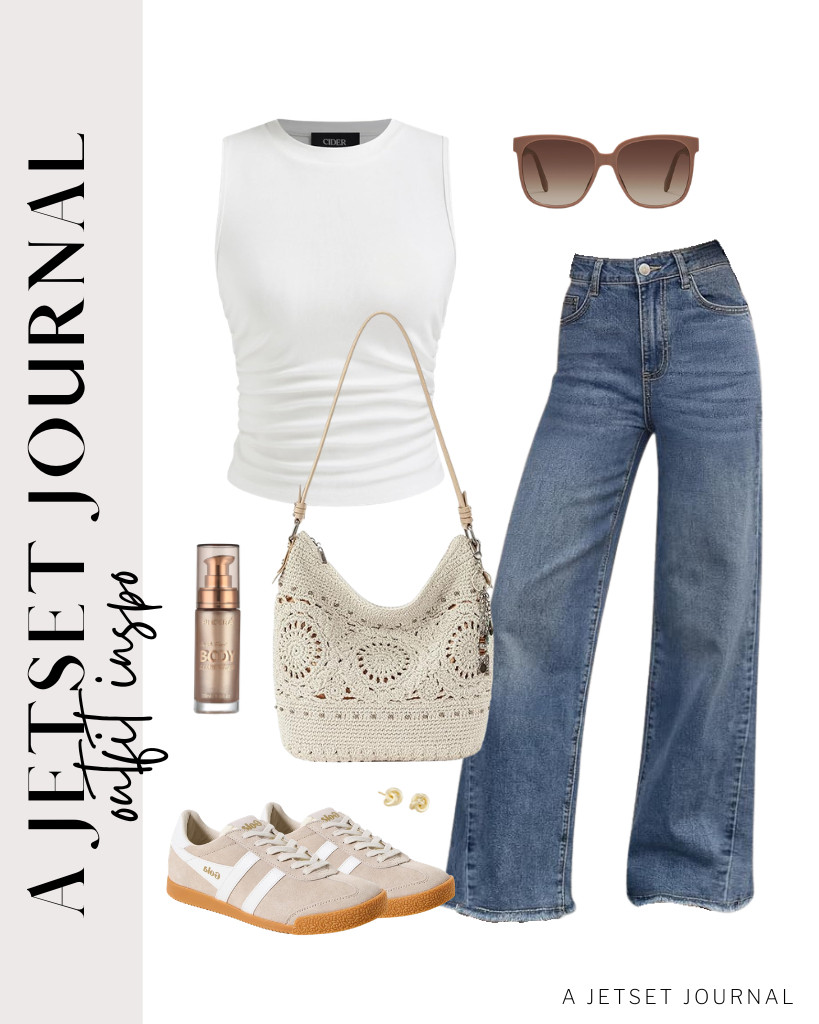 Starting this set with a great combination of the sleeveless ruched crop top and wide-leg jeans. These cozy Gola sneakers and The Sak Sequoia bag are perfect for this look, too. Accessorize the fit with QUAY’s sunglasses and stud earrings from Kendra Scott.

#LTKSeasonal #LTKSaleAlert #LTKTravel 

 