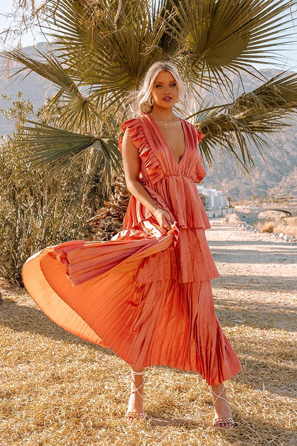 Seeking Champagne Pleated Maxi Dress In Coral | Impressions Online Boutique