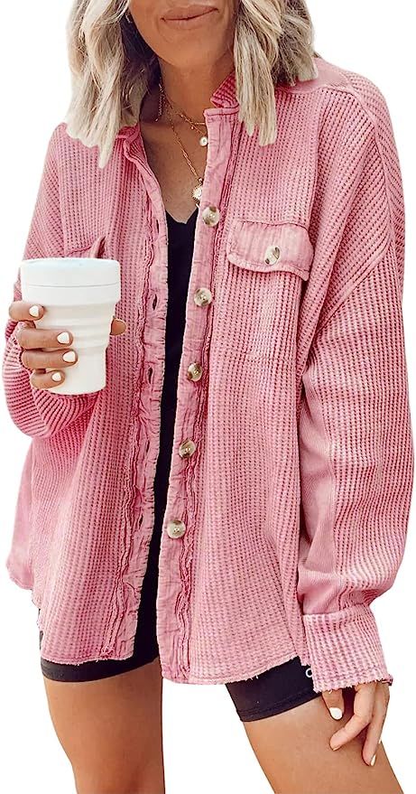 chouyatou Women's Loose Fit Batwing Sleeve Waffle Knit Button Down Shirt Shacket Tops | Amazon (US)