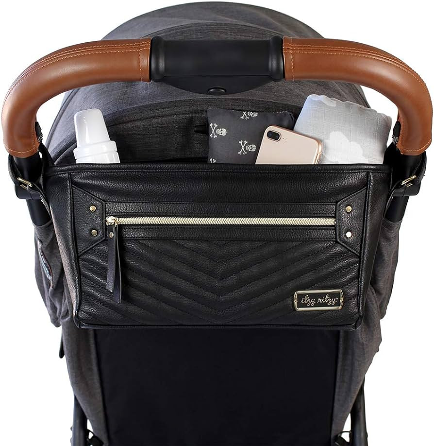 Itzy Ritzy Adjustable Stroller Organizer With Built-In Pockets, Zippered Pocket & Straps To Fit Any Stroller, Black with Gold Hardware | Amazon (US)