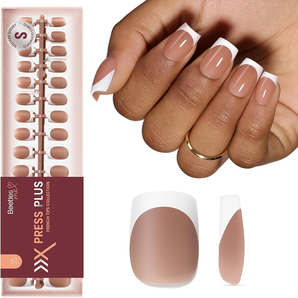 Beetles X Press Plus French Tip Nails - Caramel French | Brown Short Square French Tip Press On N... | Amazon (US)