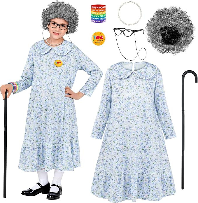 AOTHSO 13 Pieces Old Lady Costume for Kids 100 Days of School Costume with Grey Wig Glasses Cane ... | Amazon (US)