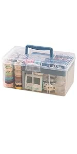 Clear Plastic Arts & Craft Supplies Organizer Box Large with a Removable Tray & A Partition & Handle, Office Home School Desktop Stationery Storage Box, Medicine Box (Clear & Ocean Blue) | Amazon (US)