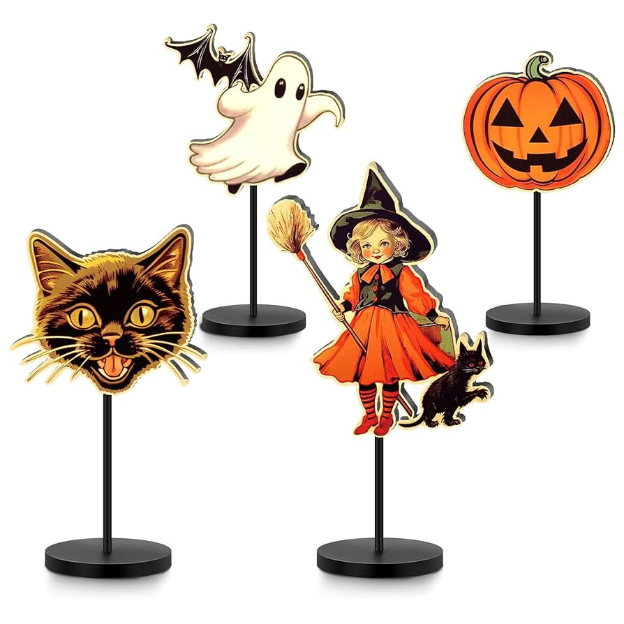 4 Pcs Vintage Halloween Decorations - Wood Pumpkin, Witch, Cat, Ghost Topper Sign for Table - Cla... | Amazon (US)