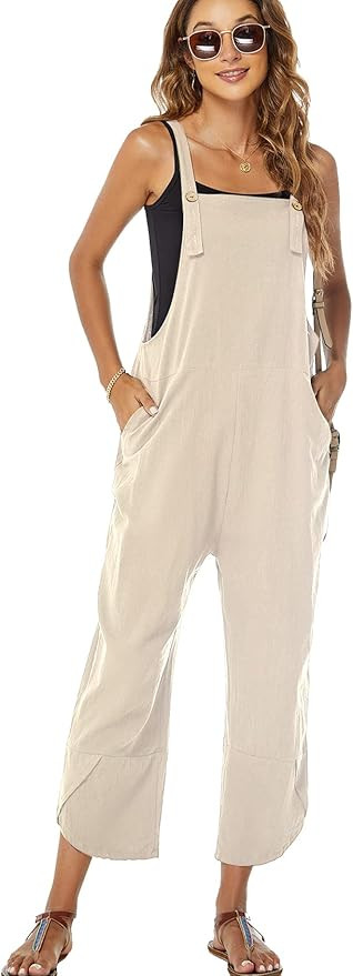 Kissonic Women's Casual Cotton Bib Overalls Loose Baggy Wide Leg Jumpsuits with Pockets | Amazon (US)