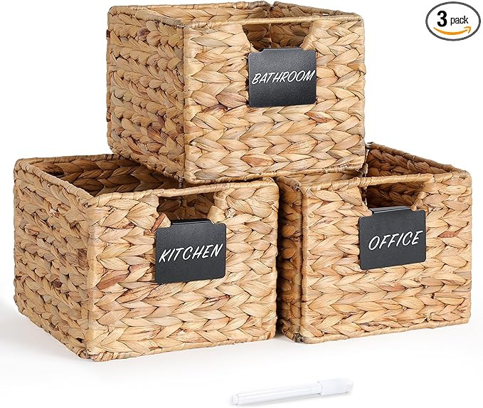 Water Hyacinth Storage Baskets，10.5x9x7.5in Wicker Storage Basket with Labels Set of 3，Pantry... | Amazon (US)