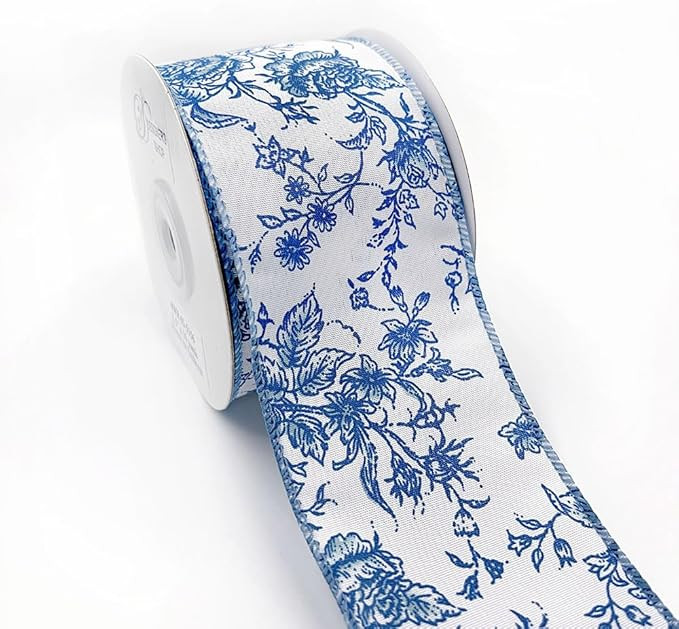 Designer’s Shop WR 63-5156 Blue Rose Floral on Cream Wired Edge Ribbon 2.5” x 10 Yard for DIY... | Amazon (US)