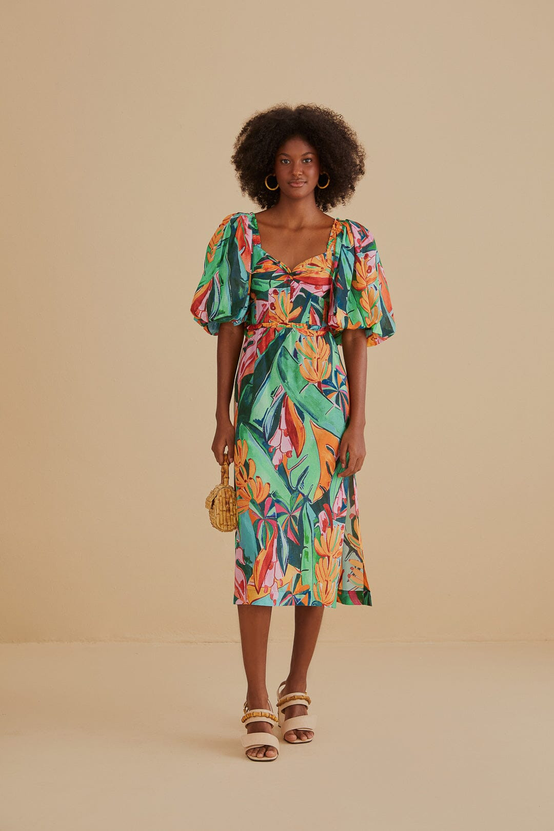 Multicolor Banana Foliage Puff Sleeve Midi Dress | FarmRio (US)