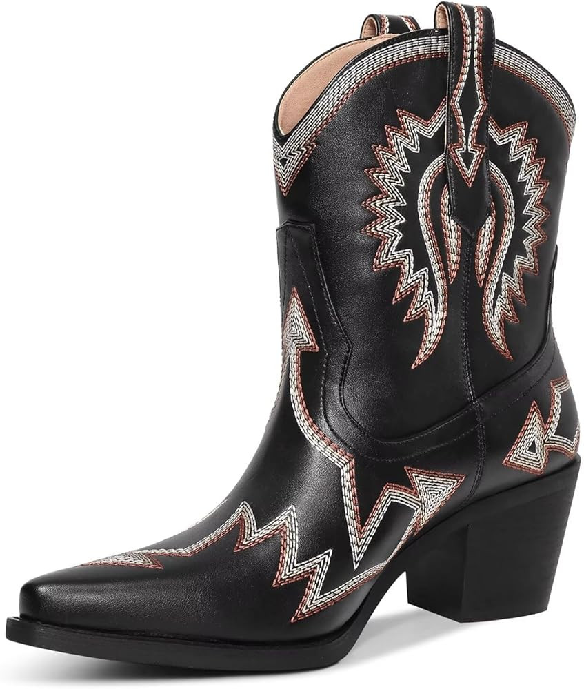Western Boots for Women Metallic Embroidered Pointed Toe Cowgirl Boots Chunky Heel Pull-On Short ... | Amazon (US)