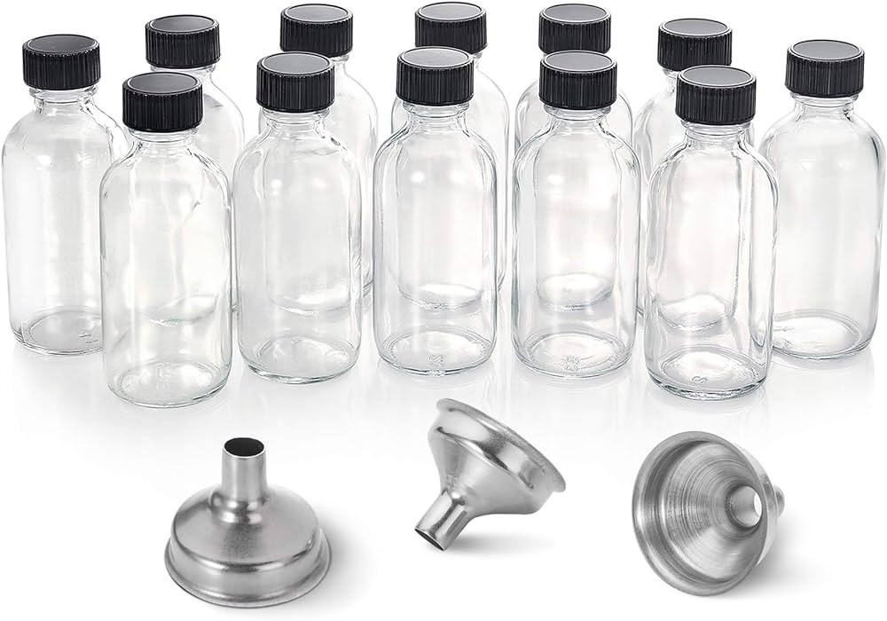 12 Pack, 2 oz Small Clear Glass Bottles w/ Lid & 3 Stainless Steel Funnels - 60ml Boston Sample B... | Amazon (US)