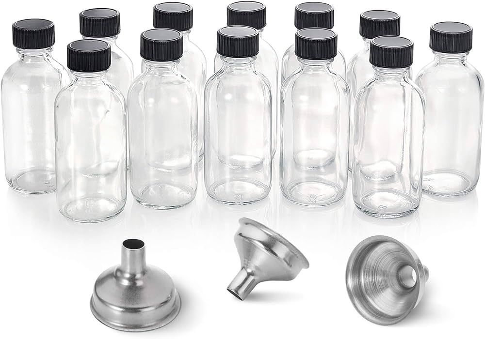 12 Pack, 2 oz Small Clear Glass Bottles with Lids & 3 Stainless Steel Funnels - 60ml Boston Sampl... | Amazon (US)