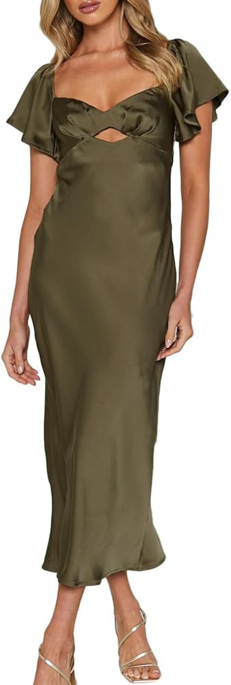 Summer Satin Flutter Sleeve Wedding Guest Dresses for Women Sweetheart Neckline Cutout Tie Back M... | Amazon (US)
