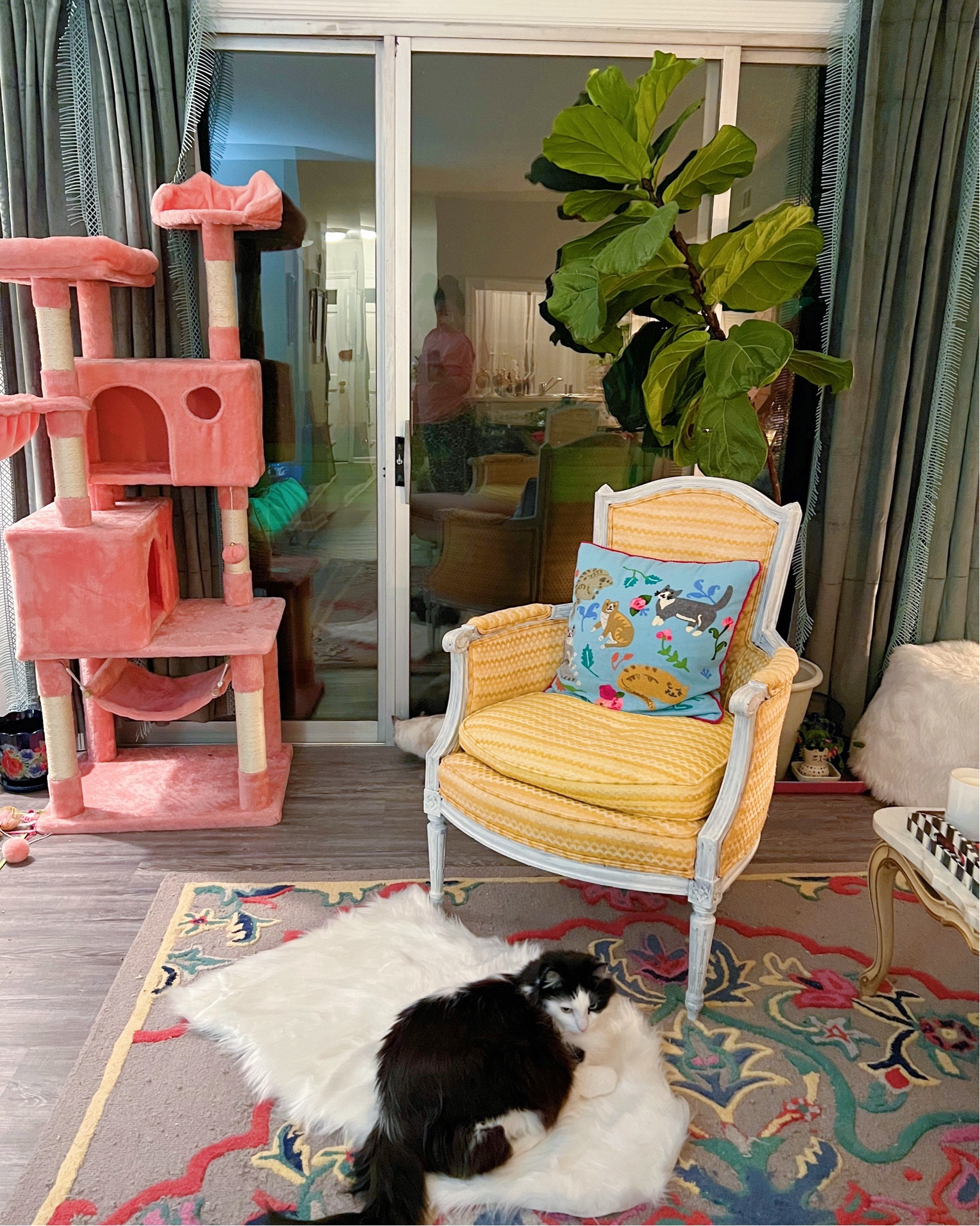 Eclectic home decor, eclectic living room decor, colorful decor, colorful area rug, pink cat tree, pink cat tower, yellow arm chair, velvet curtains, affordable decor, faux sheepskin rug, faux fur pouf, bohemian home decor 

#LTKhome