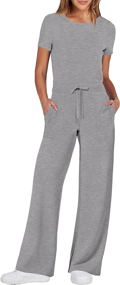 ANRABESS Jumpsuits for Women Casual Summer 2025 Short Sleeve Loose Wide leg Pants Dressy Romper J... | Amazon (US)