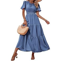 PRETTYGARDEN Women's Summer Casual Short Flutter Sleeve Round Neck Smocked Waist Tiered Boho Flor... | Amazon (US)