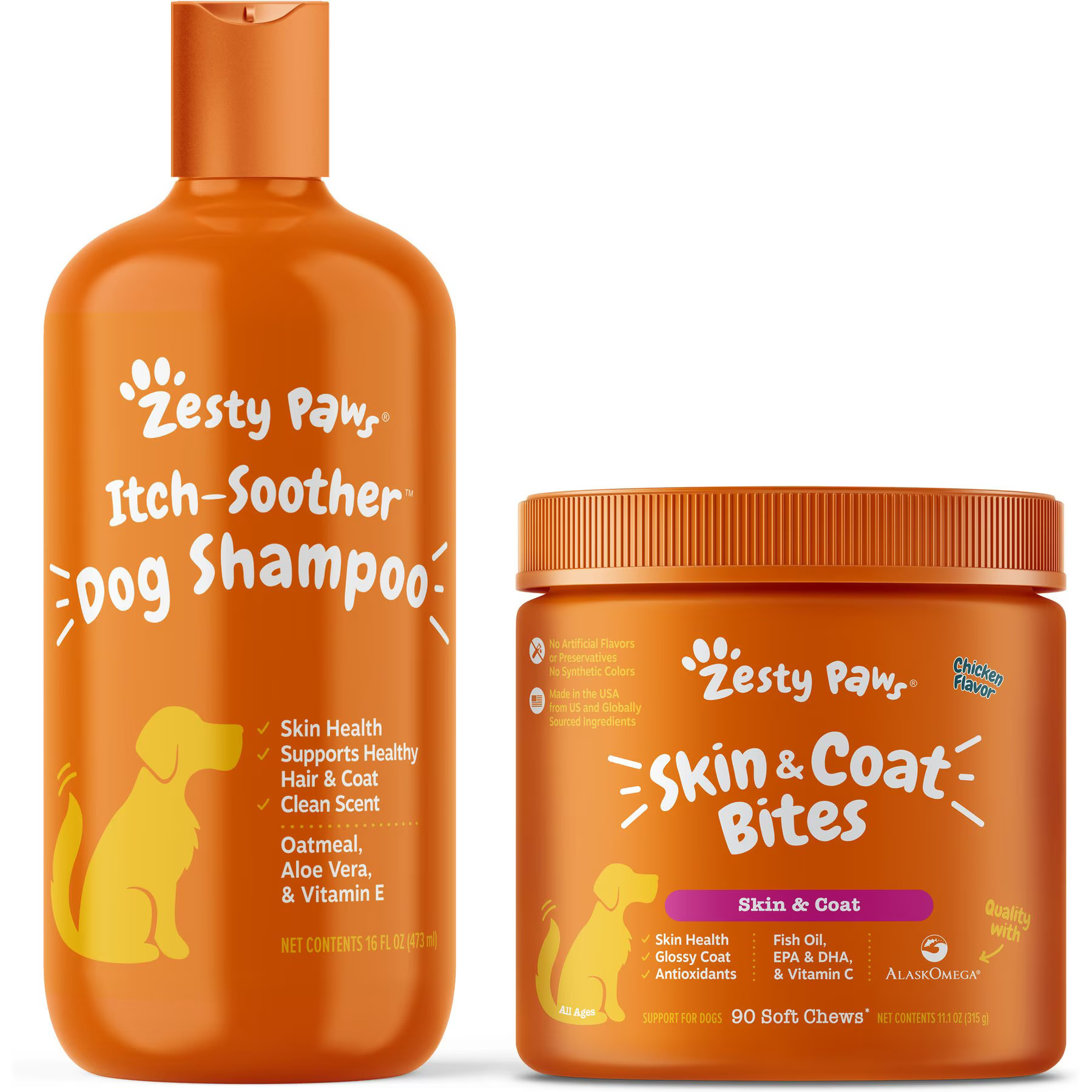 Zesty Paws Oatmeal Anti-Itch Dog Shampoo with Aloe Vera & Vitamin E, 16-oz bottle + Zesty Paws Core Elements Omega Bites Skin & Coat Health Chicken Flavor Soft Chew Dog Supplement, 90 count | Chewy