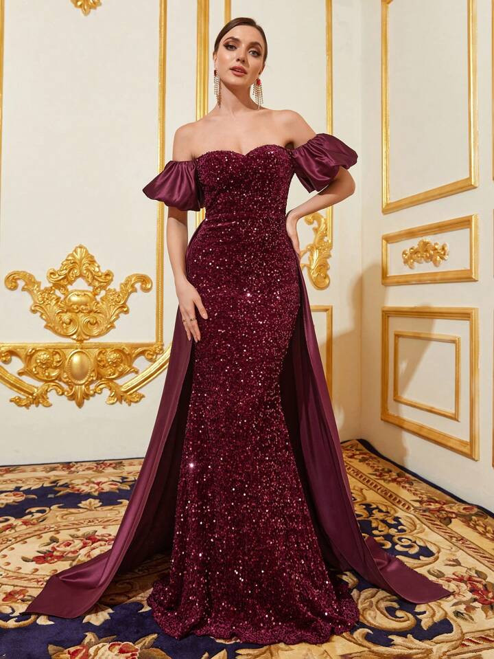 Off Shoulder Puff Sleeve Contrast Satin Sequin Dress | SHEIN