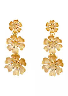 Gold Tone Post Top Graduated Triple Flower Drop Earrings with Crystal Stone Accents | Belk