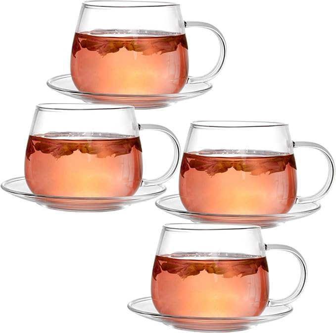 Tosnail 4 Pack 11oz Glass Cups and Saucers Set Glass Coffee Mugs Set, Coffee Cup with Handle, Dri... | Amazon (US)