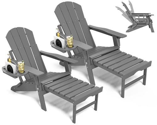 NAVINE Adjustable Adirondack Chair with Retractable Ottoman Set of 2, HDPE Folding Adirondack Chair with Cup Holder, All Weather Fire Pit Chair for Outdoor. | Amazon (US)