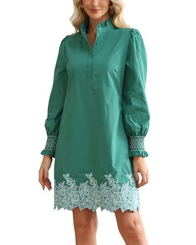 YEXPINE Women's Spring Embroidered Mini Dress Long Puff Sleeve Ruffle Collar Button Front Shift D... | Amazon (US)