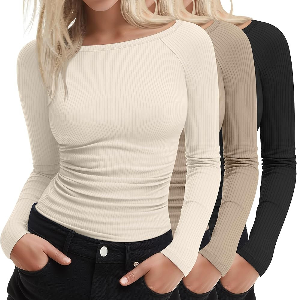 3 Pack Women's Boat Neck Tops, Ribbed Cotton Long Sleeve Fitted Side Ruched Shirts Basic Going Ou... | Amazon (US)