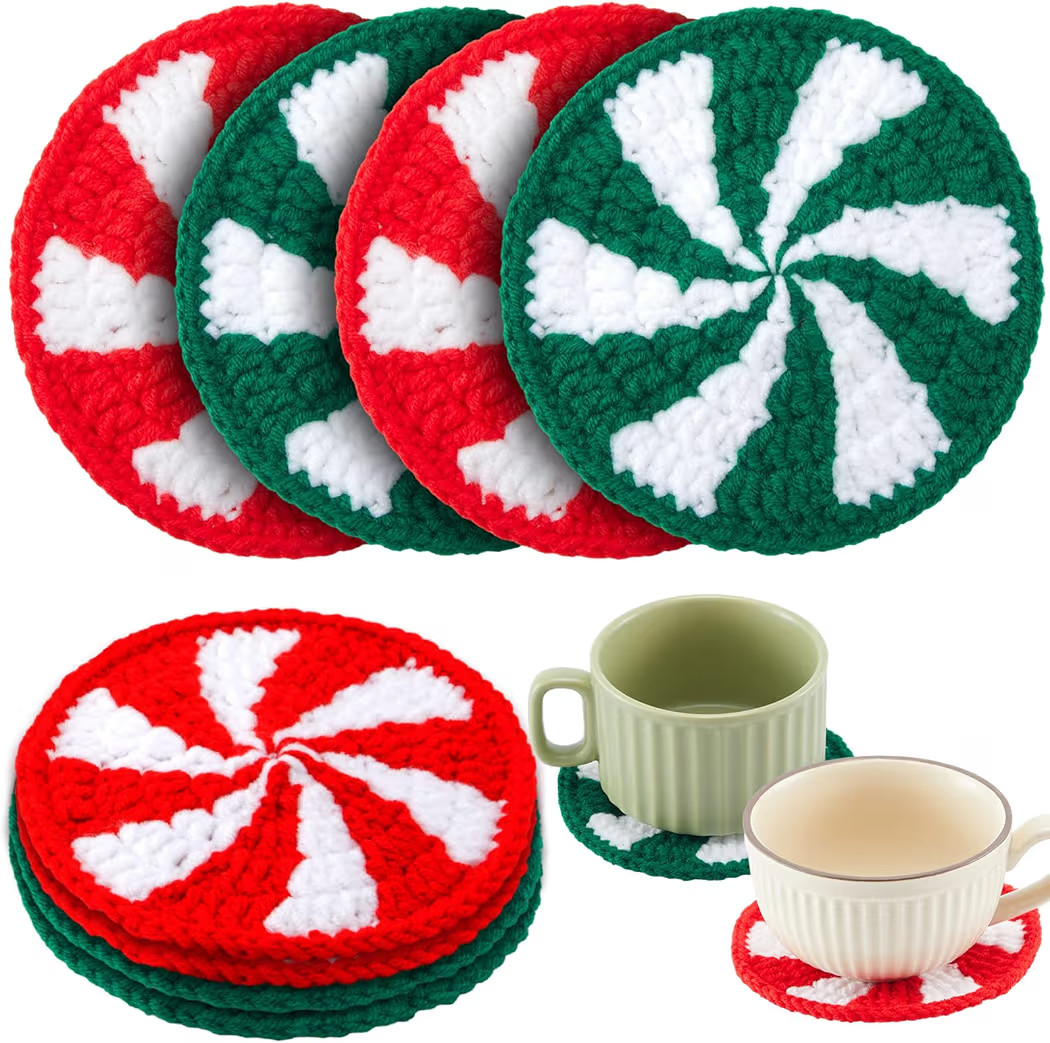 Hushee 4 Pcs Crochet Christmas Candy Coasters 4.72inch Handmade Woven Round Drink Cup Pad Mats Re... | Amazon (US)