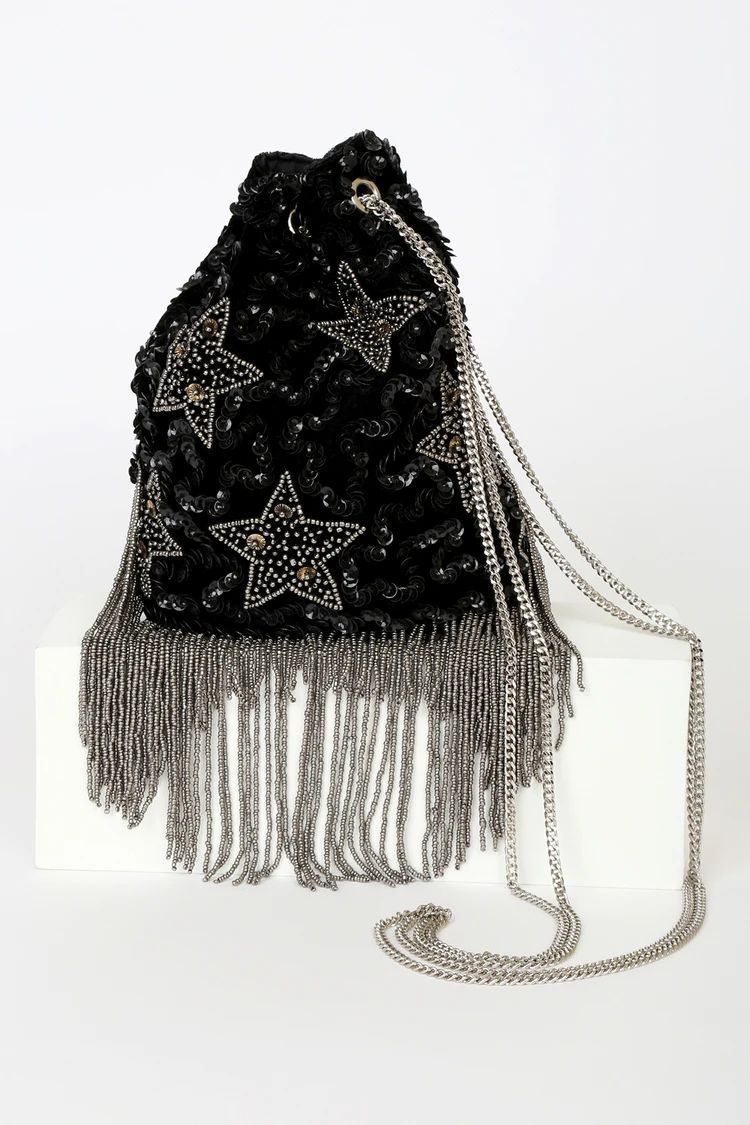 Super Stellar Black Velvet Beaded Sequin Bucket Bag | Lulus (US)