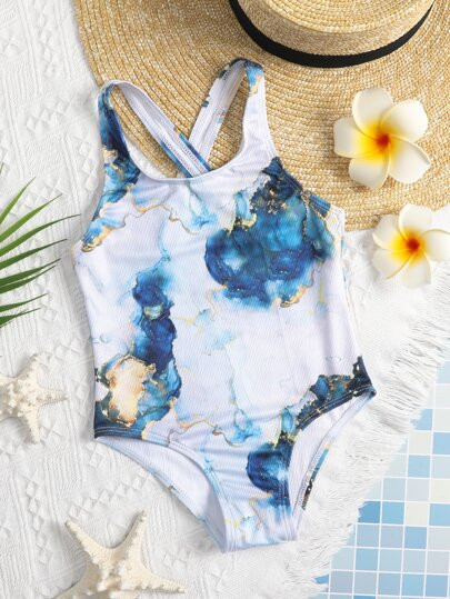 Toddler Girls Marble Print One Piece Swimsuit | SHEIN