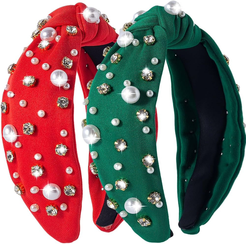 2Pcs Christmas Headbands for Women, Solid Color Rhinestones Holiday Knot Hair Hoops, Festive Pear... | Amazon (US)