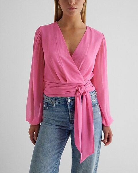 V-Neck Faux Wrap Tie Waist Cropped Top | Express