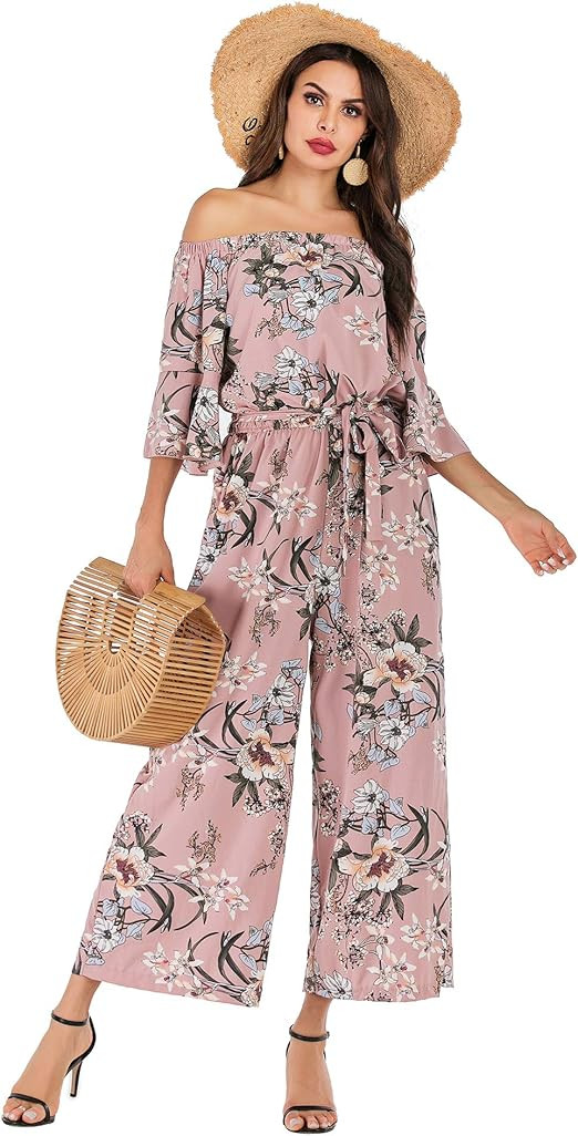 Women's Summer Floral Off Shoulder ruffled Short Sleeve High Waist Wide Leg Pants Casual Loose Ju... | Amazon (US)