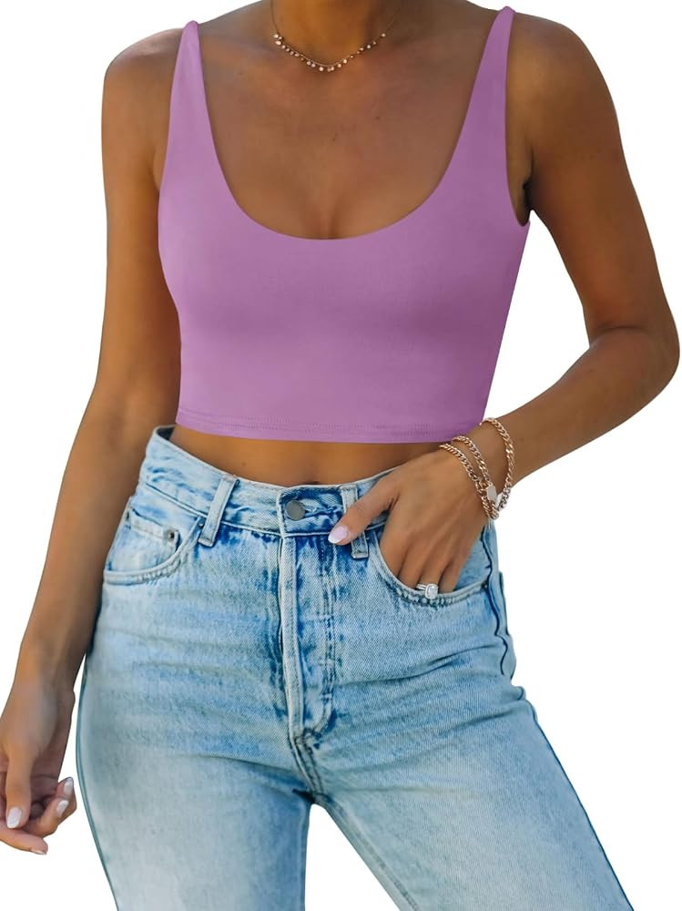REORIA Butsmooth\u00ae Women's Basic Sexy Deep Scoop Neck Double Lined Seamless Sleeveless Croppe... | Amazon (US)