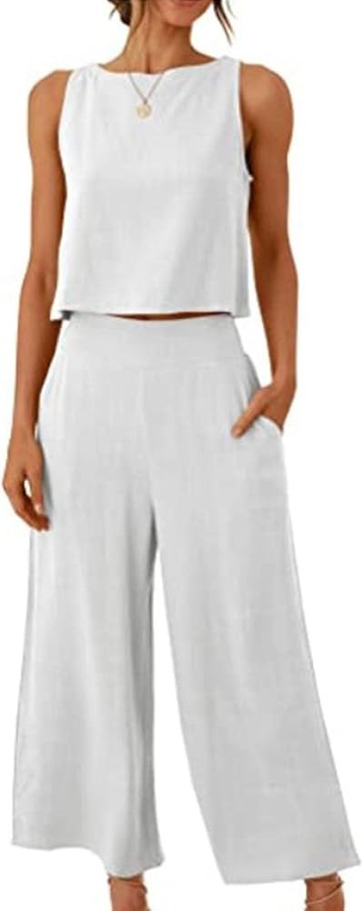 SOMTHRON Women's Linen 2 Piece Outfits Sleeveless Crop Top Wide Leg Pants Tracksuit Lounge Matchi... | Amazon (US)