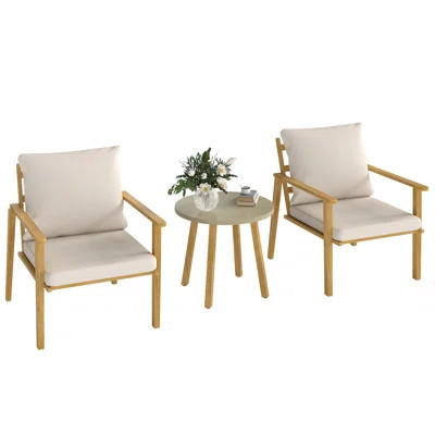 Outdoor Bistro Set, 3 Piece Patio Set, Wood Effect Steel Round Table and Chairs with Wide and Deep Seat, Small Conversation Patio Furniture with Cushi | Wayfair North America
