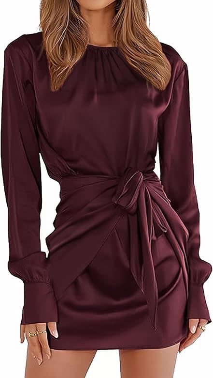 G&Y Women's Satin Tie Waist Mini Dresses - Long Sleeve Solid Party Short Dresses | Amazon (US)